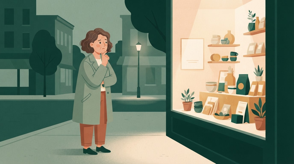 mulher analisando produtos na vitrine