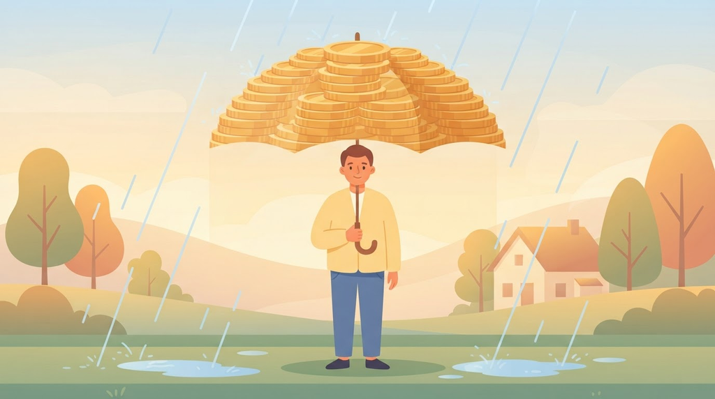 Pessoa sob o guarda-chuva de moedas, com chuva ao redor. Traduz visualmente a reserva como proteção contra imprevistos.