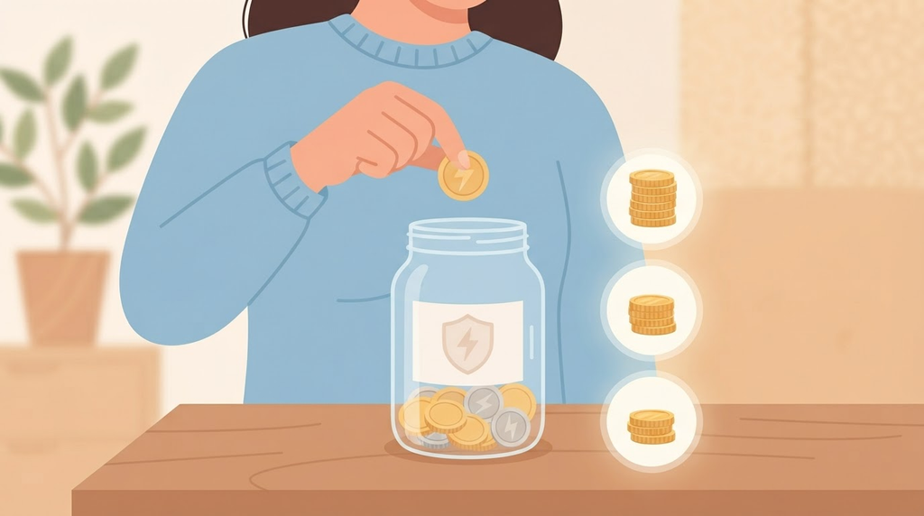Pessoa colocando moeda no pote, com marcas de etapas ao lado