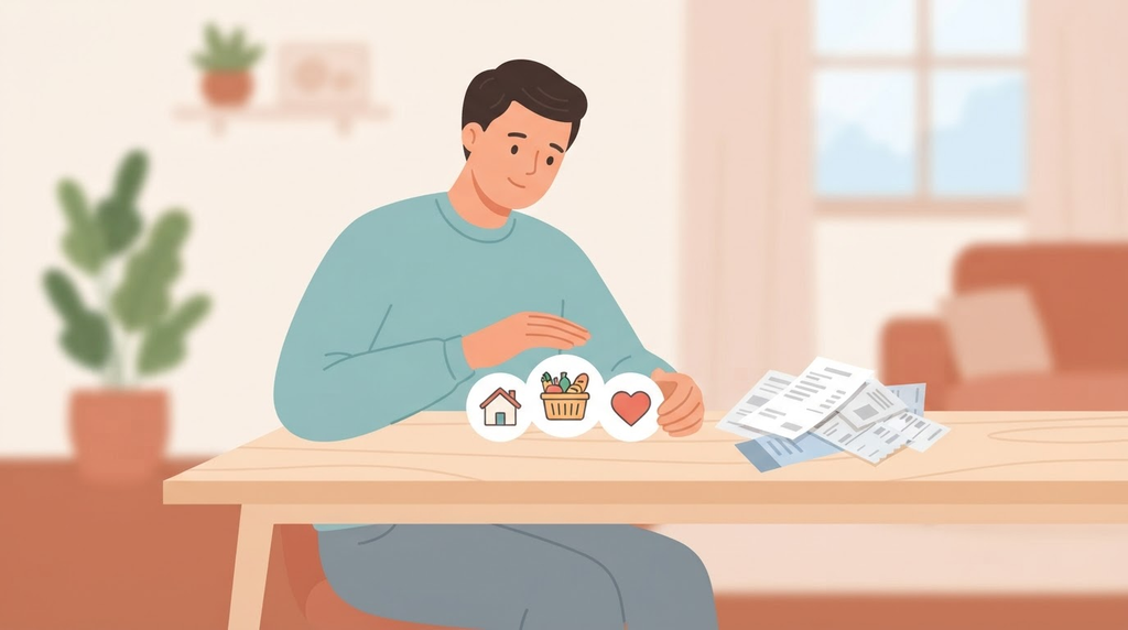 Adulto à mesa separando contas e protegendo itens essenciais representados por casa, alimento e saúde, com as demais contas ao lado
