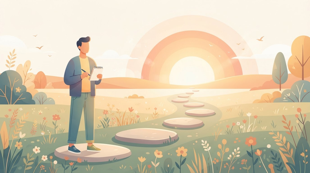 Adulto segurando um caderno no início de um caminho de sete pedras que avança rumo a um amanhecer suave, representando o plano de sete dias